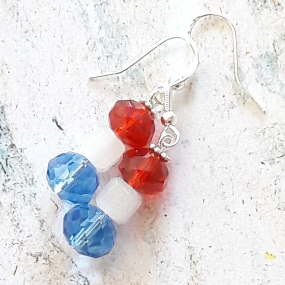 Boho Earrings 422# Red White Blue SilverHooks925Stamp Bohemian White ArtisanMade - Picture 1 of 4